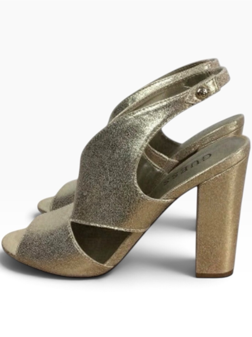 GUESS Gold glitter open toe chunky heeled large strappy sandals pumps size 7